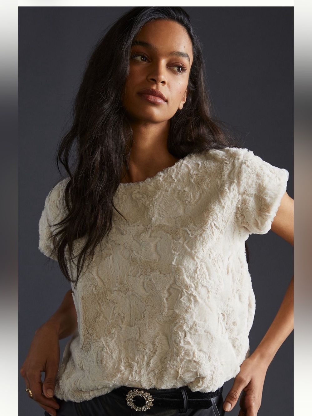 Maeve|Faux Fur Tee|Cream|Small